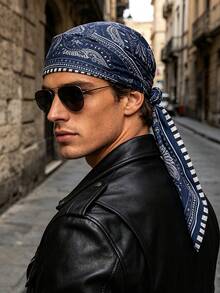 1pc Men Navy Paisley Square Bandana Soft Lightweight Multifunctional Head Neck Scarf For Daily Casual Wear - Multicolor - View 5