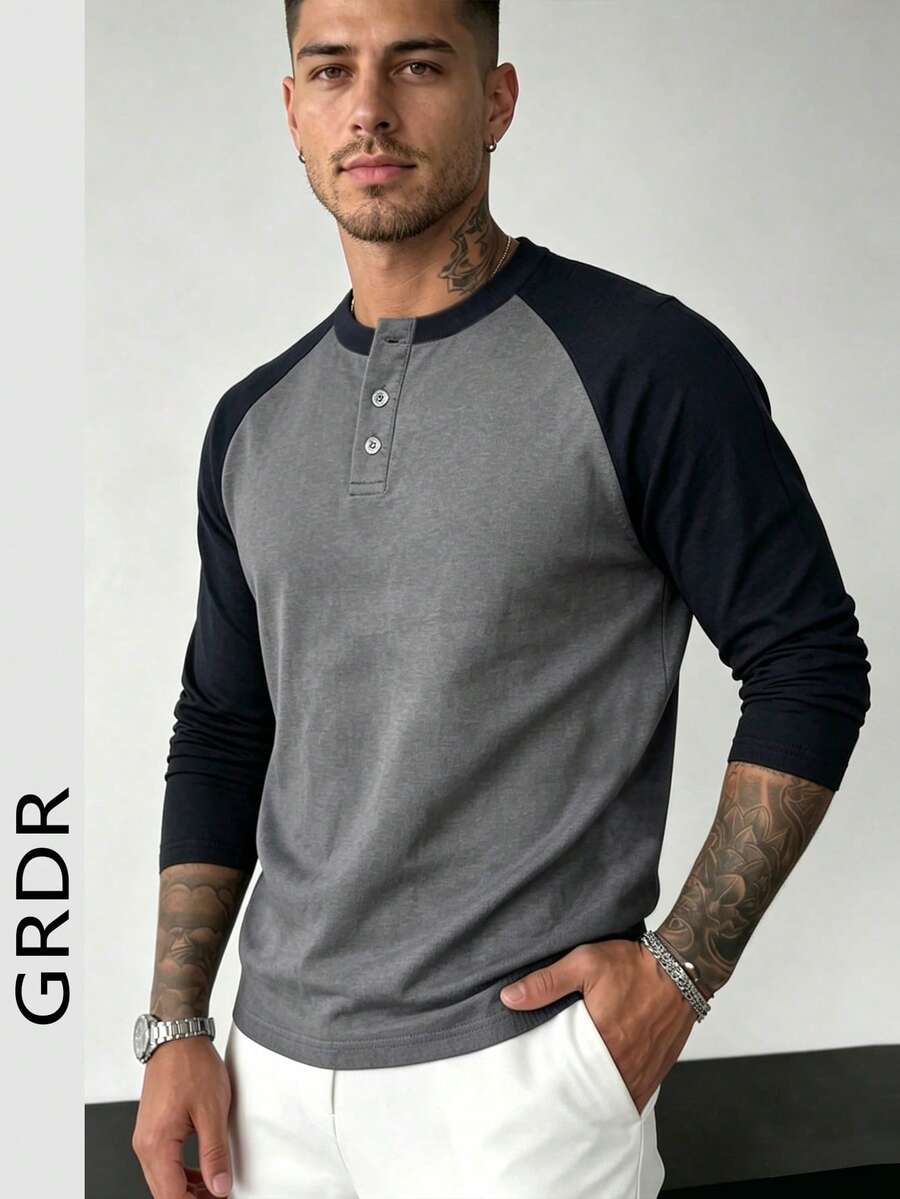 GRDR Men's Autumn Colorblock Button Design Raglan Long Sleeve T-Shirt, - Grey - View 1