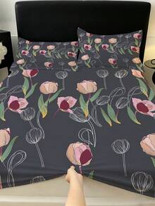 1 Buah Sprei Fitted Motif Tulip Geometris Elegan (Hanya Sprei, Tanpa Sarung Bantal), Kain Poliester 100% Lembut dan Nyaman, Cocok untuk Kamar Tidur, Kamar Tamu, Asrama Sekolah, Pelindung Kasur Sepanjang Musim - MultiWarna - View 6
