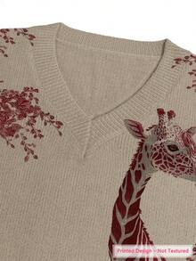 ASHKATIA Women's Plus-Size Top Fall Winter V-Neck Lightweight Sweater Giraffe Pattern Print Skin-Friendly Fabric Curve Plus - Multicolor - View 7