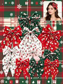 Christmas Snowman Print Big Bow Hair Clip Long Ribbon Bowknot Barrette Holiday Party Hair Accessory For Women - Multicolor - View 8