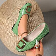 Women's Square Toe Crocodile Embossed Flat Slip-On Shoes With Metal Square Buckle Decor, Soft Sole Commuter Shoes - Green - View 2
