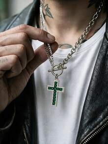 1 buah Kalung Liontin Pria, Baja Titanium Perak, Liontin Salib Bertatahkan CZ, Kalung Serbaguna yang Dipersonalisasi, Hadiah untuk Perjalanan Sehari-hari - Perak - View 1