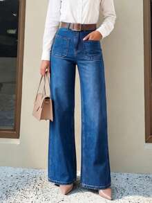 Women's Washed Wide Leg Jeans, Casual Elegant Long Loose Fit, With Pockets, Medium Stretch, Suitable For Autumn/Winter Wear - 29656 Medium Blue - View 2