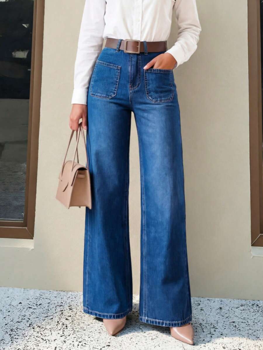 Women's Washed Wide Leg Jeans, Casual Elegant Long Loose Fit, With Pockets, Medium Stretch, Suitable For Autumn/Winter Wear