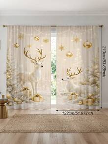 2Pcs Christmas Holiday Curtains, Champagne Gold Deer & Snow Landscape Print Pattern Curtains, Warm Atmosphere Semi-Sheer Rod Pocket Window Decor, Suitable For Living Room And Bedroom, Rod Not Included, Machine Washable - Multicolor - View 18