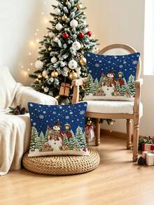 1/2/4pcs Vintage Christmas Night Scene Pillow Covers, Snowman & Forest Animal Pattern, Cozy Winter Home Decor Cushion Cases - Multicolor - View 8