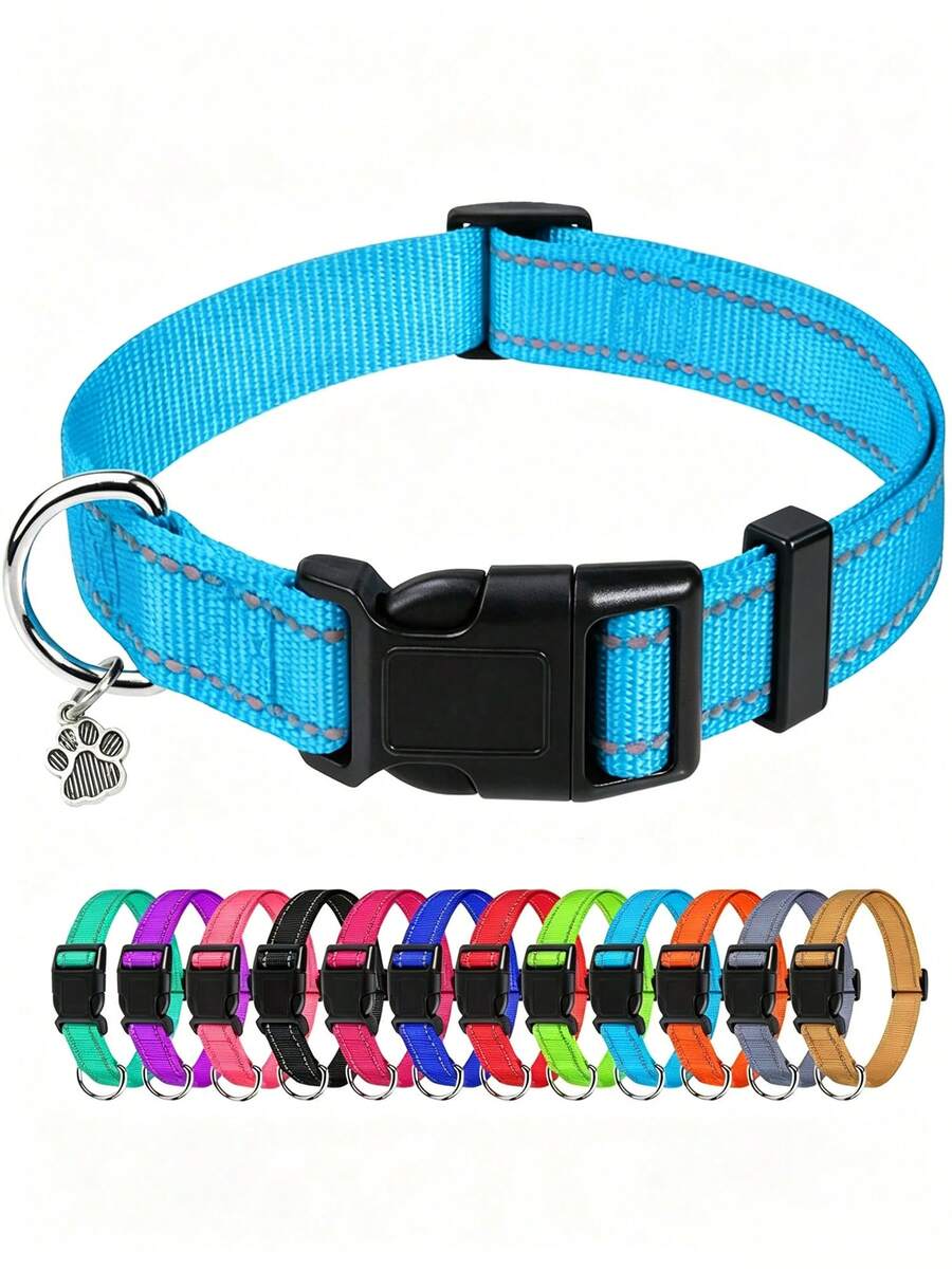 Pet Supplies Nylon Reflective Collar With Paw Prints, For Large, Medium And Small Dogs, Adjustable Size - Blue - View 1