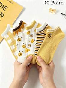 5 Pasang Kaos Kaki Pendek Bertema Lebah Kuning untuk Wanita, Kaos Kaki Kasual Bernapas dengan Bagian Atas Rendah dan Tak Terlihat untuk Musim Semi dan Musim Panas - MultiWarna - View 11