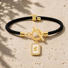 Initial Charm Black Rope Gold Plated Letter Bracelets For Women Men Toggle Closure Cubic Zirconia Tag - Yellow Gold - View 10