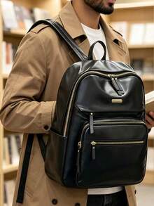Men's Solid Color PU Glossy Backpack With Multiple Zippers, Casual Daily Use, Large Capacity Travel And Work Backpack With Side Pockets - Black - View 8