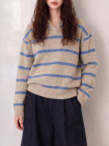 Women's Winter Casual Minimalist Striped Design Turn Collar Pullover Sweater - Oatmeal - View 1