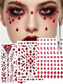 2/4pcs Red Face Gem Stickers, Star, Heart, Teardrop, Square, Diamond Shapes, Self-Adhesive, With Tweezers, Suitable For 2K Style Carnival Party, Halloween, Cosplay - Red - View 2