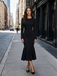Elegant Women Bodycon Crew Neck Dress Long Sleeve Comfortable Ruffle Hem Outfits For Daily Casual Evening Banquet Fall Winter - Black - View 3