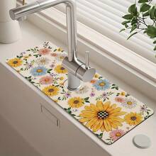 1pc Floral Pattern Sink Faucet Absorbent Mat, Drainage Mat, Suitable For Kitchen, Bathroom Sink, Countertop, Drainage Mat, Diatomaceous Earth Material, Trimmable, Quick-Drying Mat - Multicolor - View 4