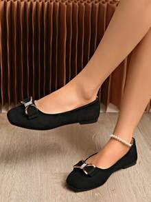 2026 Autumn/Winter New Women's Square Toe Flat Metal Rhinestone Bow Decor Suede Minimalist Loafers - Black - View 2