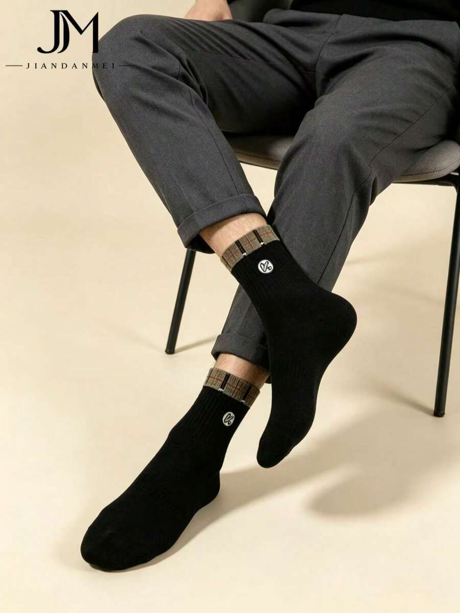 Gift Box Set Of Basic Business Men's Socks In Multiple Colors, Featuring A Checkered Label At The Cuff, Breathable Casual Mid-Calf Socks. - Multicolor - View 1