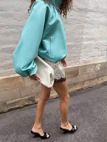 2026 New Women's Jacket Coat, Women's Spring/Autumn Jacket, Patchwork Ruched Design, Fashionable Versatile, Casual Commuter Style, Elegant Winter Outerwear - Mint Blue - View 9