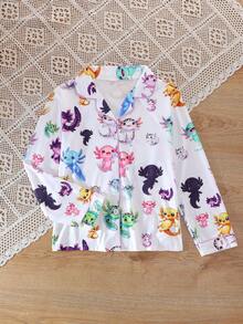 2pcs Colorful Cartoon Hexagon Dinosaur Print Lapel Long Pants Pajamas, Flame Retardant Fabric, All Season Wear, Girls, Toddlers, Big Tween Girl, Teens - Multicolor - View 3