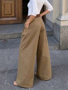Aflion Women Fall Khaki Pleated Wide Leg Pants, Elastic Back Waist Casual Loose Long Trousers, Belt Not Included - Khaki - View 2