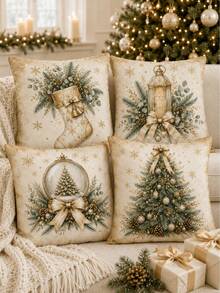4pcs Elegant Christmas Pillow Covers, Champagne Gold Christmas Tree, Lantern, Crystal Ball And Christmas Stocking Print, Suitable For Sofa Bedroom Holiday Home Decor, Pillow Insert Not Included - Multicolor - View 2