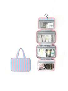 Large Capacity Striped 4-Fold Travel Makeup Bag, Dual Handle Transparent Visible Toiletry Organizer Bag, Space Saving - Multicolor - View 17