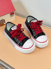 Girls Low-Top Canvas Shoes, Thick Sole Durable Skate Shoes, Versatile Breathable Student Casual Sneakers - Black - View 5