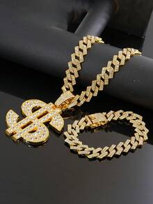 Hip Hop Full Rhinestone Dollar Sign Pendant Necklace & Bracelet Set, Men's Cool Iced Out Cuban Chain Street Style Personalized Accessory, Holiday Gift - Dollar Sign Necklace Set - View 14