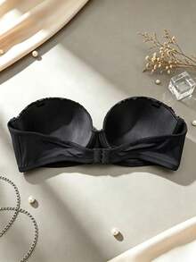 1pc Black Lace Patchwork Half Cup Strapless Bra With Detachable Transparent Shoulder Straps, Underwire Push-Up Bandeau Lingerie - Black - View 7
