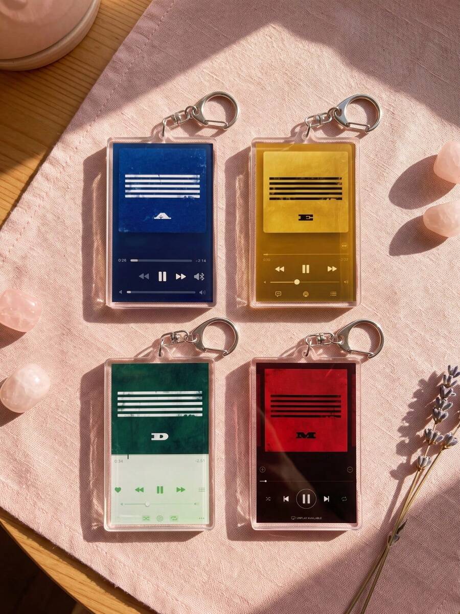 1pc/4pcs K-Pop Bang-Bang Album Series MusicPlayer Aesthetic Acrylic Keychains Music Player Interface With Blue "A", Yellow "E", Green "D" And Red "M" Cover Rectangular Pendant, Backpack And Car Key Accessories, K-Pop Fan And VIP Music Lover Gift - Multicolor - View 1
