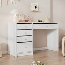 Desk, Simple Kids' Desk, Timeless Computer Desk/Dressing Table, With 5 Storage Drawers, Pink Ceramic Handles, Suitable For All Ages, White, 120*45*74 Cm - White - View 4