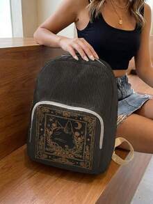 1PC Kitten‑Print Women Mini Backpack, Corduroy Girl School Bag, Travel Storage Bag, Large Capacity Foldable Lightweight Backpack, Multi‑Pocket Layered Design With Zipper Closure - Black Kitten 22483 - View 4