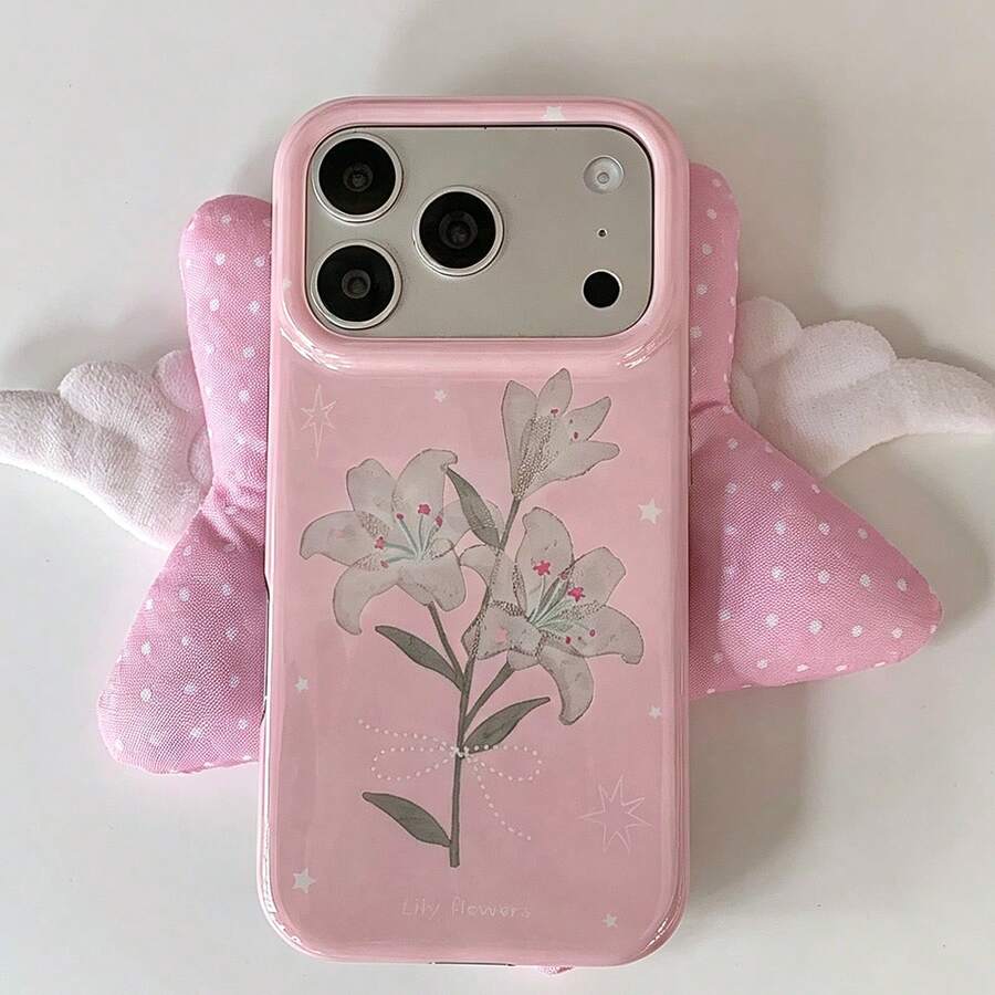 1PC Korean Style Nude Grey Lily Flower Lanyard Phone Case Compatible With Apple 17 Pro Max, New 16 Pro Max, 15 Pro, 14 Pro, 13 Pro/12 Pro, Premium Aesthetic Shockproof Protective Cover - Multicolor - View 1