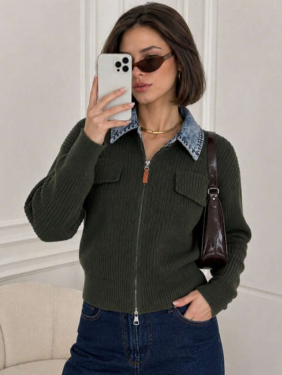 Wixra Women Denim Lapel Zip‑Up Ribbed Knit Cardigan Long Sleeve Patch Pockets Cropped Sweater Jacket - Dark Green - View 1