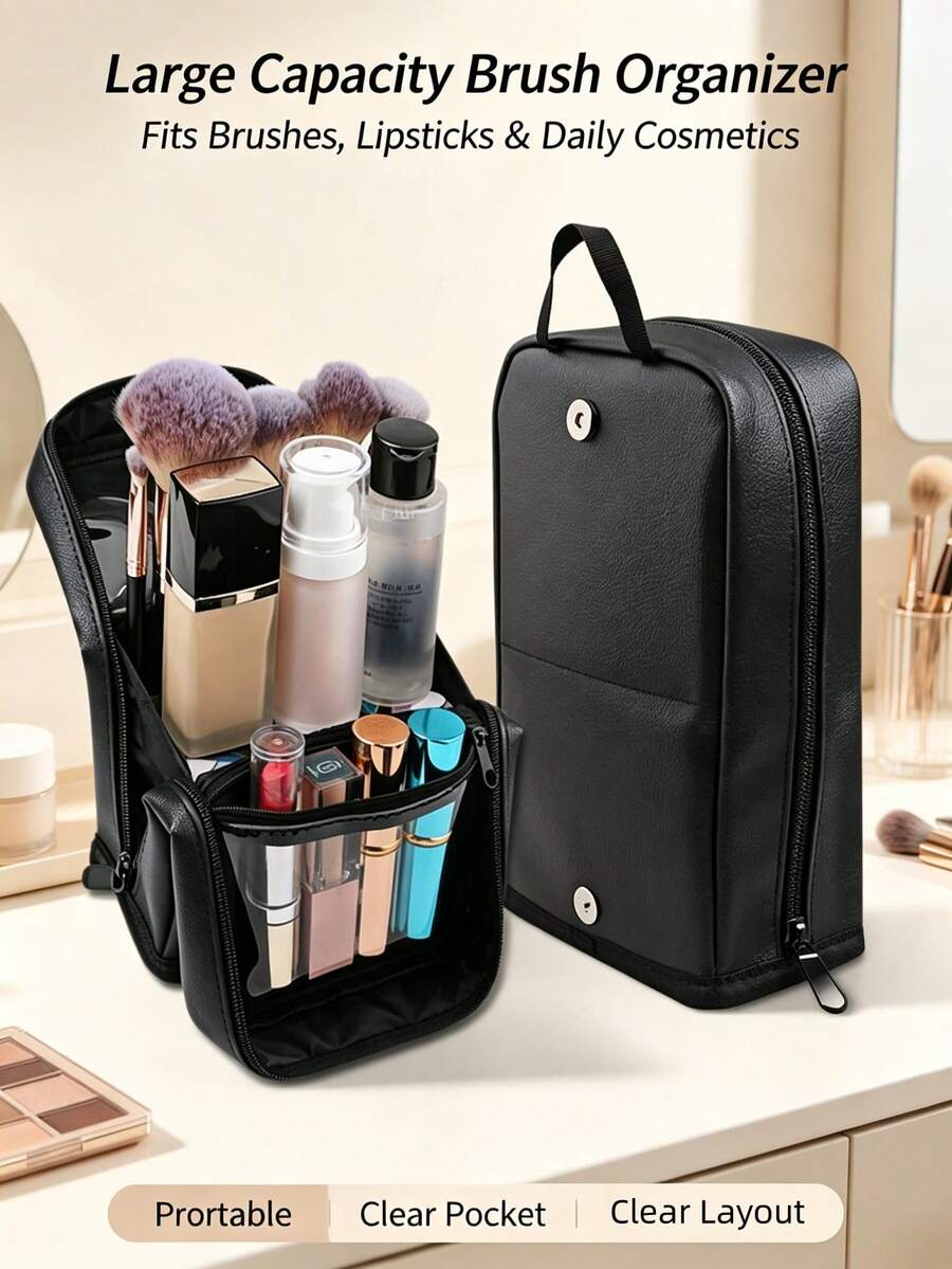 Upright Large Capacity Makeup Brush Storage Bag, Travel Portable PU Multi-Compartment Dust-Proof Design, Makeup Tool Organizer Bag (Makeup Brushes Not Included)