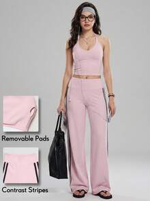 KyrLssu Women Halter Crop Top & Side Stripe Wide‑Leg Pants 2‑Piece Set, High Waist Stretch Yoga Matching Outfit For Workout Daily - Pink - View 2