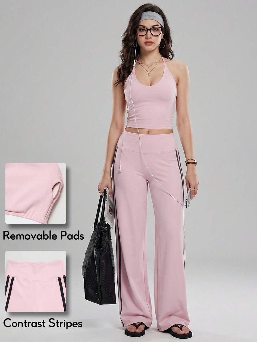KyrLssu Women Halter Crop Top & Side Stripe Wide‑Leg Pants 2‑Piece Set, High Waist Stretch Yoga Matching Outfit For Workout Daily