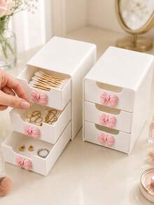 Pink Bow Decor Mini Desktop Drawer Storage Box, Multi-Layer Plastic Jewelry And Cosmetic Organizer, No Power Required Desktop Organizer; Suitable For Vanity, Bedroom And Office, Can Store Various Daily Items; Compatible With Home, Makeup Table And Living Room And Other Multiple Scenes - Multicolor - View 1