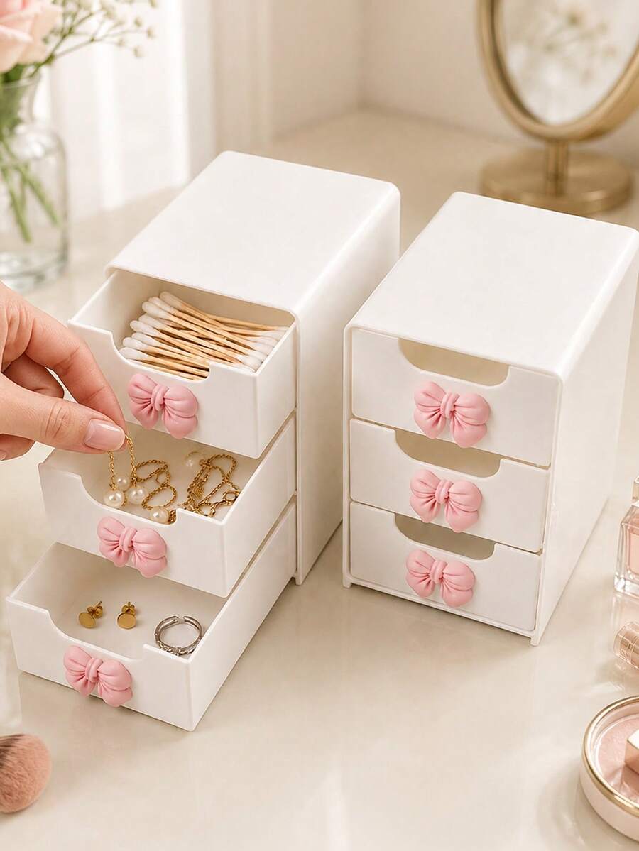 Pink Bow Decor Mini Desktop Drawer Storage Box, Multi-Layer Plastic Jewelry And Cosmetic Organizer, No Power Required Desktop Organizer; Suitable For Vanity, Bedroom And Office, Can Store Various Daily Items; Compatible With Home, Makeup Table And Living Room And Other Multiple Scenes - Multicolor - View 1