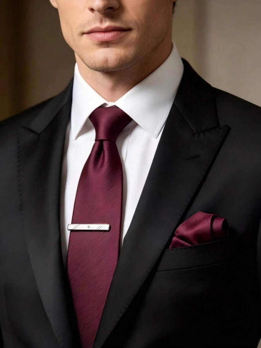 1 Set Of Pinstripe Tie, Pocket Square, Tie Clip 3 Pieces Set Suitable For Business Travel, Wedding, Banquet - Burgundy - View 1