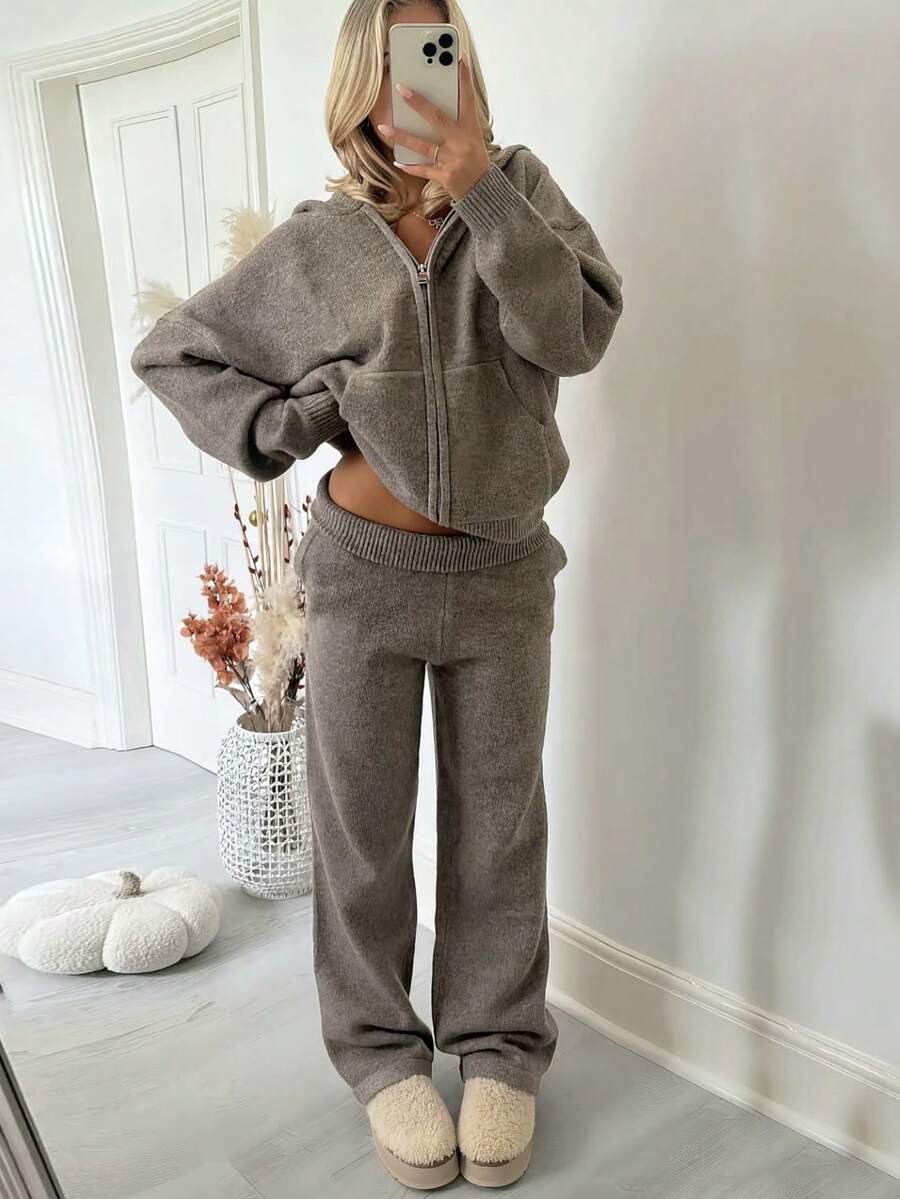 Fashionable Women's Knit Loose Set: Zipper Hooded Sweater With Wide Leg Lounge Pants. Medium Stretch, Perfect For Autumn/Winter Wear. - Khaki - View 1