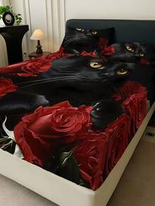 1PC Cute Cat & Rose Pattern Fitted Sheet (Fitted Sheet Only, No Pillowcase), Soft & Comfortable 100% Polyester Fabric Bedding, Suitable For Bedroom, Guest Room, School Dorm, All-Season Mattress Protector - Multicolor - View 4