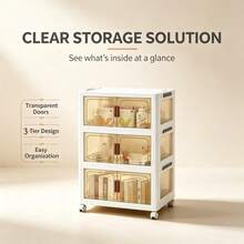3-Tier Large Capacity Folding Storage Cabinet With Clear Doors & Wheels, Vertical Plastic Organizer Unit For Kitchen & Bedroom - 3-tier - View 3