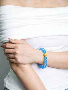 VE 1pc High Quality Large Size Natural Agate Beads Bracelet, Meaning Wealth Gathering, Auspiciousness, Guarding, Bringing Endless Good Luck And Blessings To The Wearer, Natural Jewelry Color Randomized. - Baby Blue - View 2