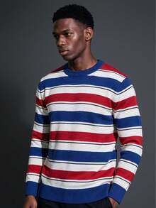 Camvyn Men's Spring/Autumn Fashion Versatile Contrast Color Striped Loose Drop Shoulder Crew Neck Long Sleeve Knit Top - Blue - View 1