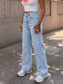 Women's Vintage Pearl Decor Light Wash Denim Flare Jeans With Button And Pocket Details - Light Wash - View 7