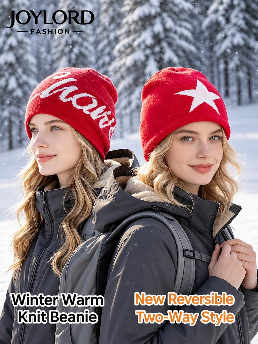 JOYLORD 1pc Women's Autumn/Winter American Style Warm Ear-Covering Beanie Hat, Acrylic Knit Slouchy Cap, Reversible, Large Head Circumference, Letter Design - A - View 1