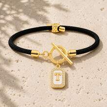 Initial Charm Black Rope Gold Plated Letter Bracelets For Women Men Toggle Closure Cubic Zirconia Tag - Yellow Gold - View 25