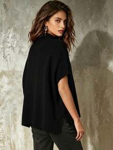 Women's Burgundy Stand Collar Batwing Sleeve Single-Breasted Knit Cardigan, Autumn/Winter Layering, Daily Date French Romantic Style - Black - View 3