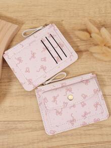 Fashionable Bow Printed Credit Card Bag, Ultra-Thin And Convenient ID Window ID Bag With Zipper And Buckle, Portable Credit Card Bag - Pink - View 6